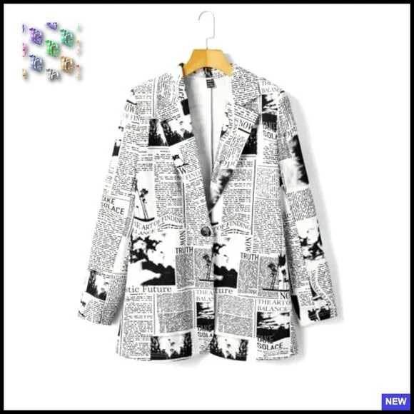 Newspaper Print Blazer Lapel Collar Long Sleeve Work Office Jacket Soft Stretch - Picture 5 of 7